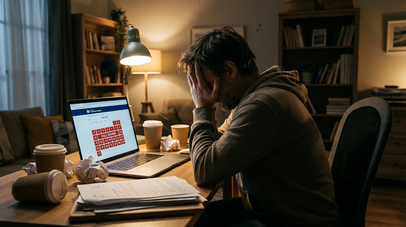 Frustrierte Person sucht am Laptop vergeblich nach einem Termin beim Bürgeramt