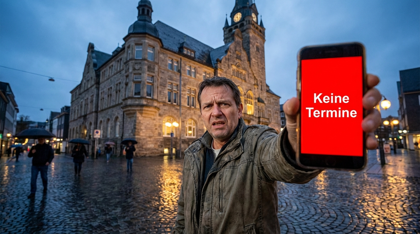 Frustrierter Mann vor dem Rathaus in Remscheid blickt auf sein Smartphone mit der Meldung Keine Termine