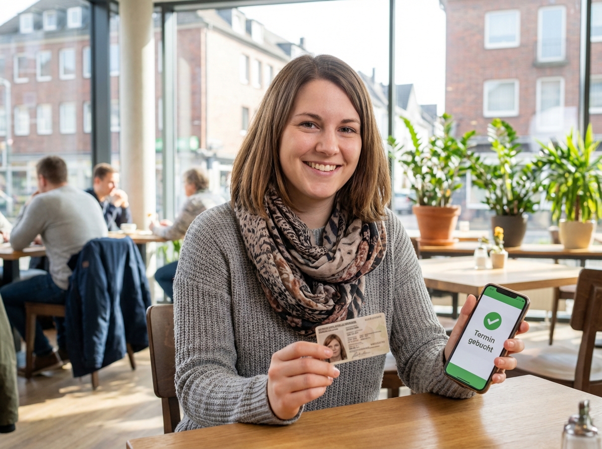 Glückliche Frau in Remscheid mit neuem Personalausweis und bestätigtem Termin auf dem Smartphone