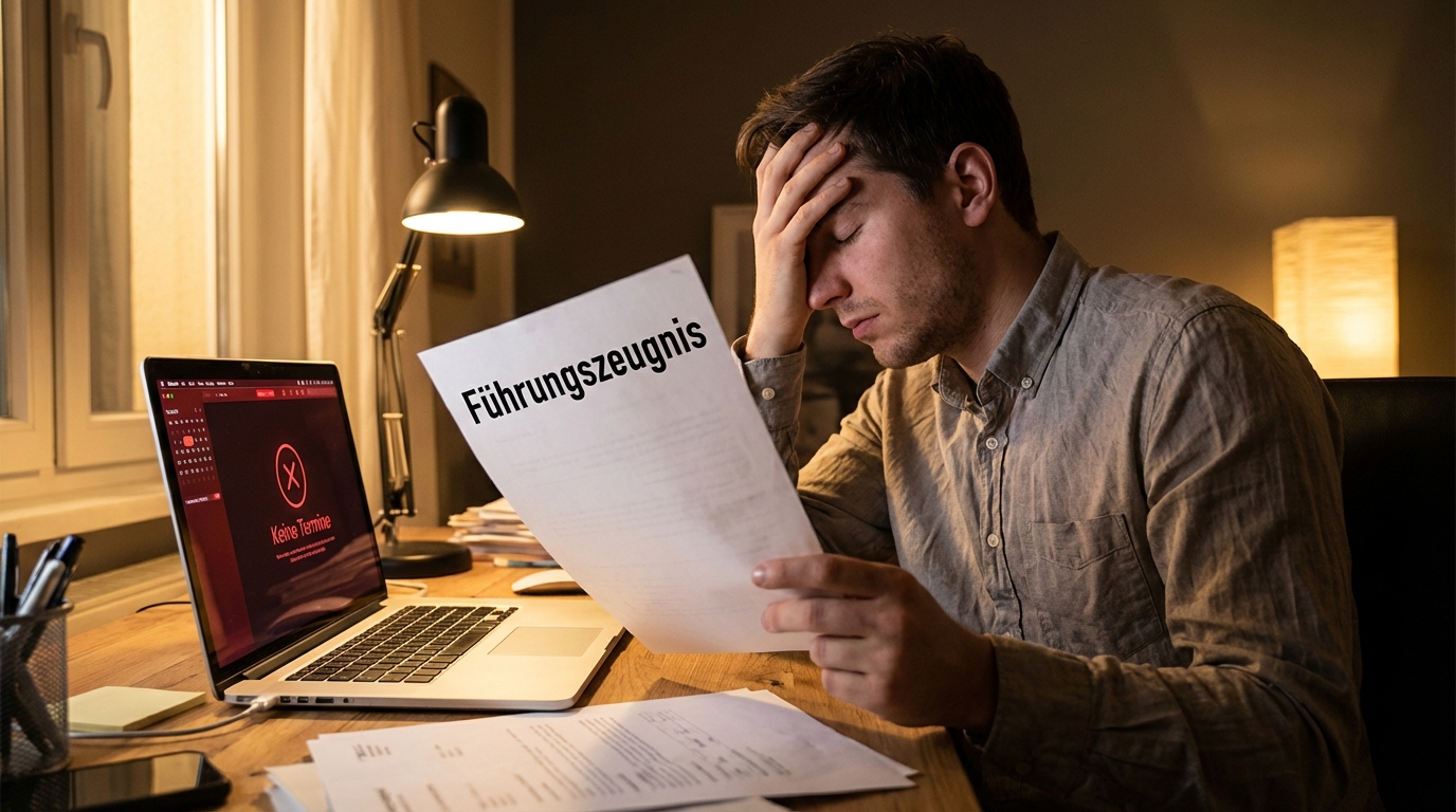 Verzweifelter Mann braucht ein Führungszeugnis, aber der Kalender zeigt keine freien Termine beim Bürgeramt.