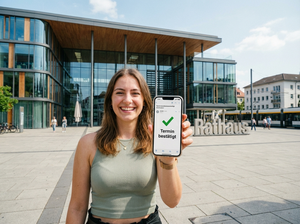 Glückliche Frau zeigt auf ihr Smartphone mit der Terminbestätigung für das Bürgerbüro dank Terminli.