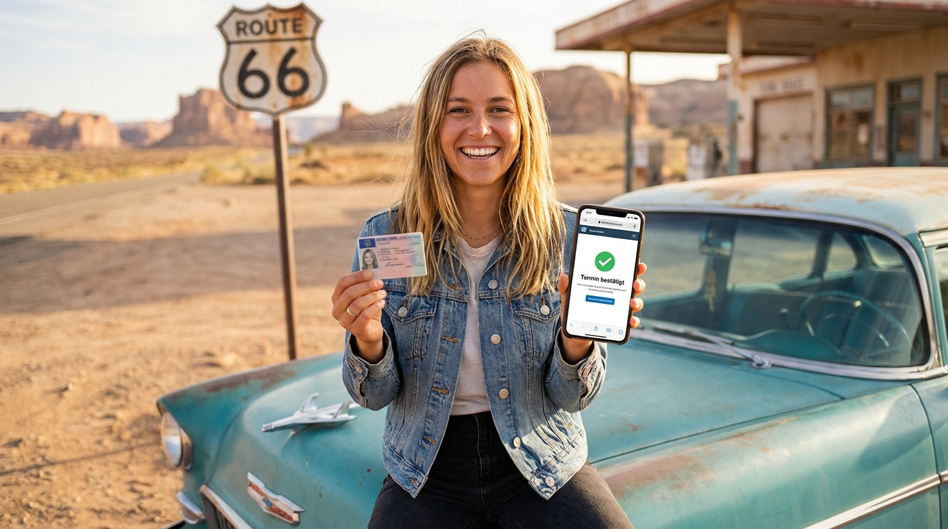 Junge Frau auf einem Roadtrip freut sich über ihren bestätigten Termin für den Internationalen Führerschein auf dem Smartphone.
