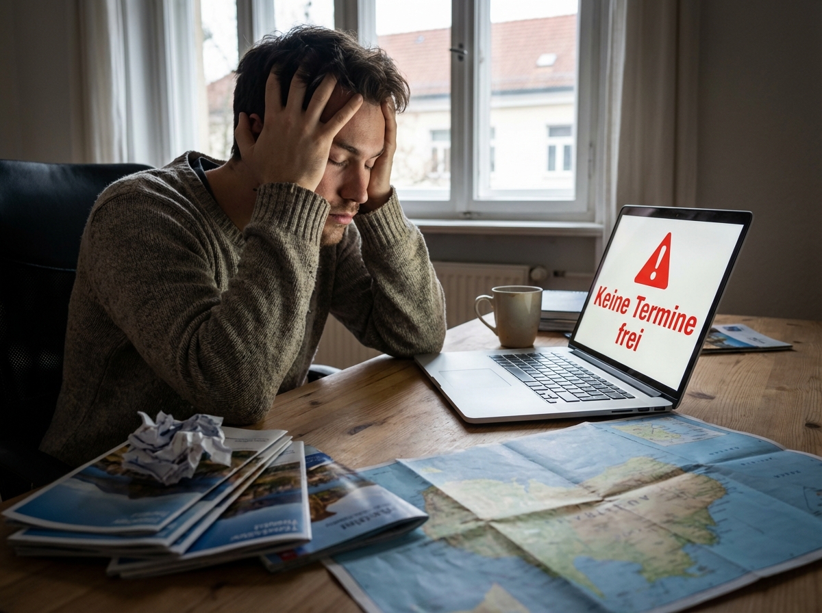 Frustrierter Mann am Schreibtisch blickt verzweifelt auf seinen Laptop mit der Meldung Keine Termine frei bei der Urlaubsplanung.