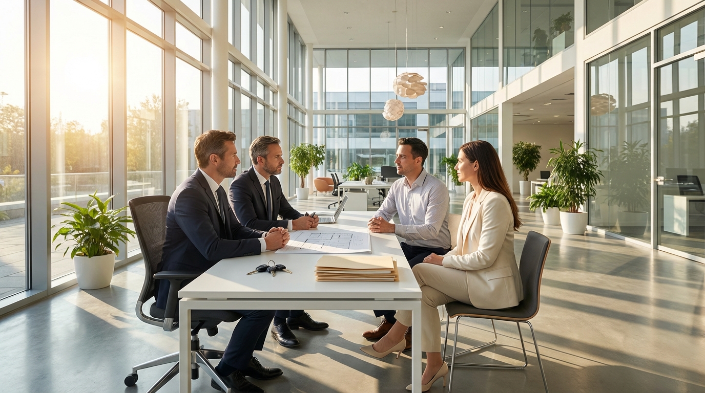 Modernes Büro der KFZ-Zulassungsstelle mit Berater und Kunde am Schreibtisch