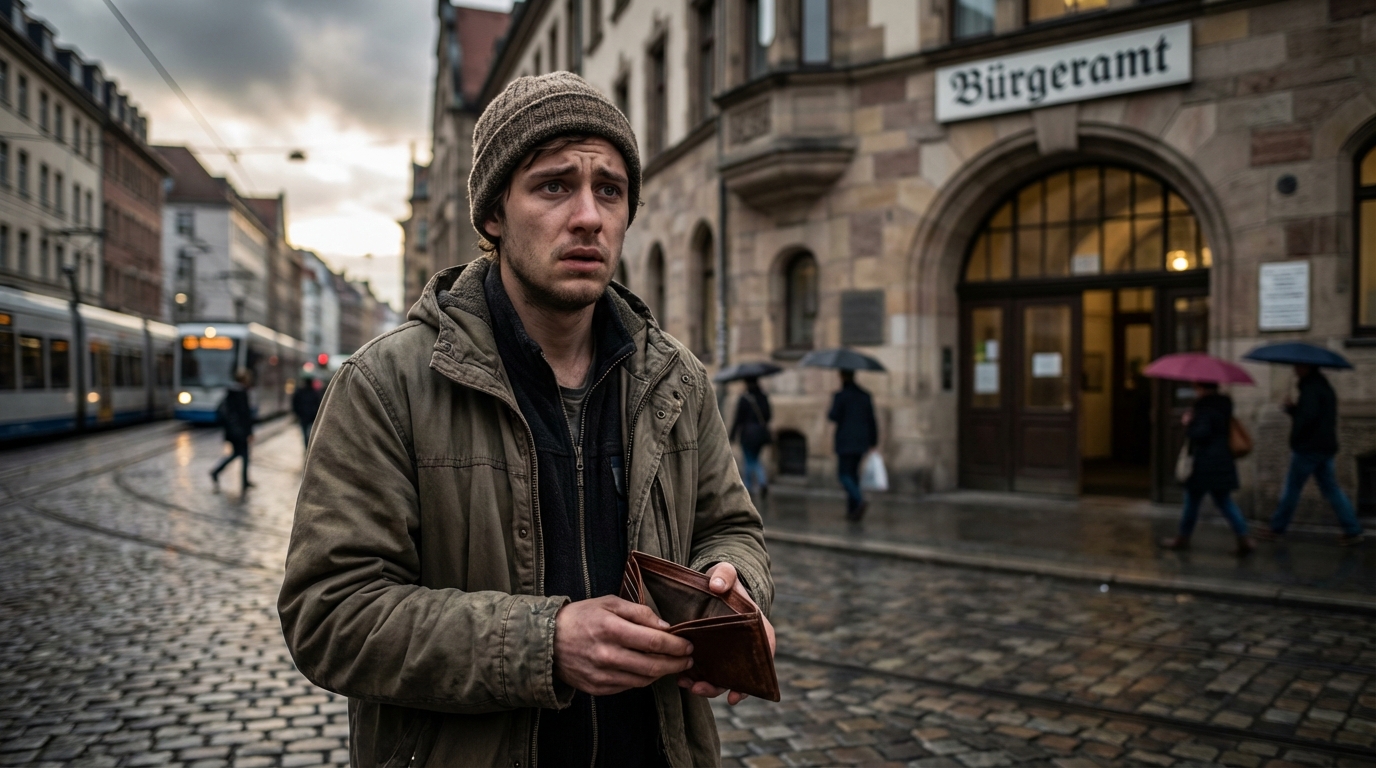 Verzweifelte Person hält ein leeres Portemonnaie in der Hand, im Hintergrund ein unscharfes Gebäude.