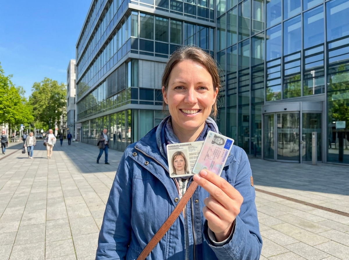 Glückliche Person hält neuen Personalausweis und Führerschein vor dem Bürgeramt in die Kamera.