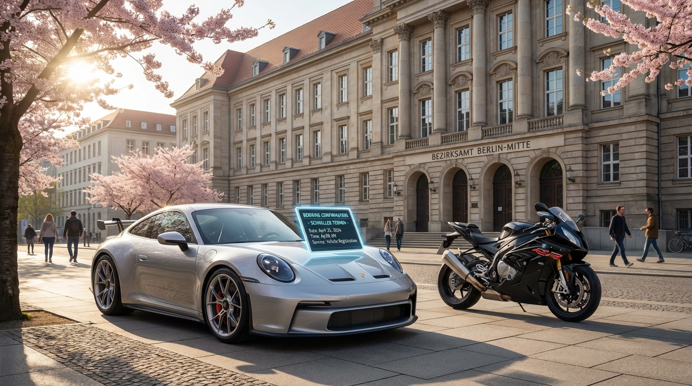 Glänzendes Motorrad und Traumauto zum Saisonstart 2026 neben Tablet mit Terminbestätigung