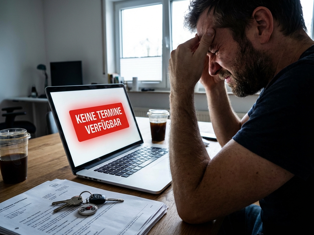 Verzweifelter Mann blickt auf Laptop mit ausgebuchten Terminen der KFZ-Zulassungsstelle