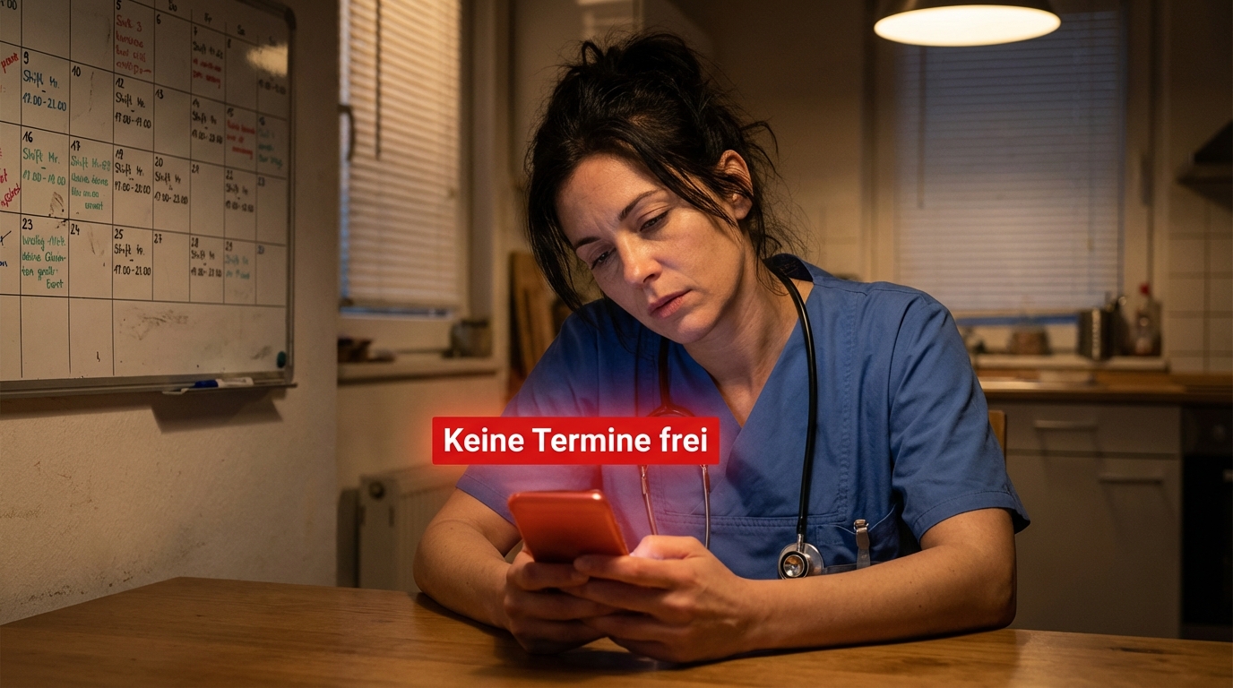 Erschöpfte Pflegekraft im Schichtdienst blickt frustriert auf ein Smartphone mit der Meldung Keine Termine frei.
