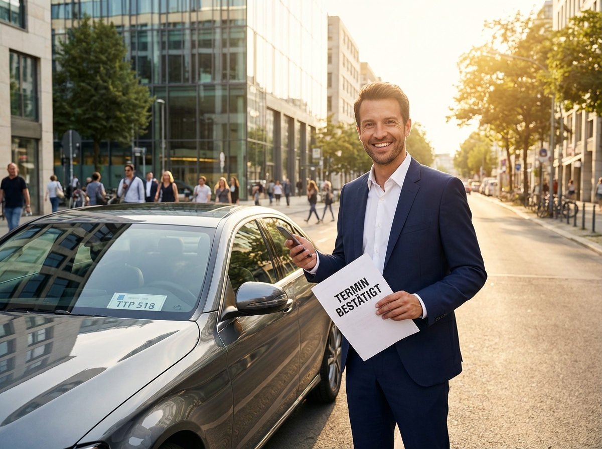 Entspannter Geschäftsmann steht lächelnd neben seinem Auto und hält eine Terminbestätigung für die Ämterbuchung in der Hand.