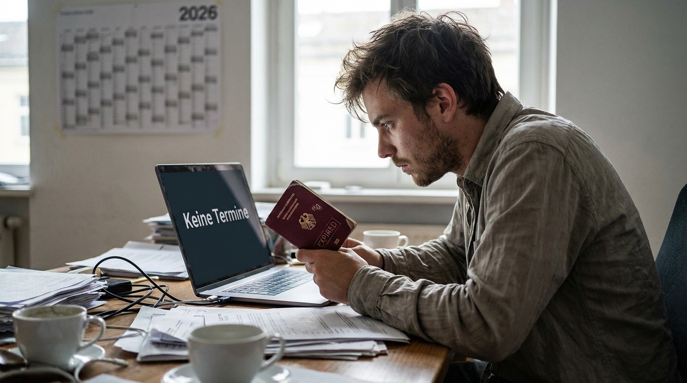 Frustrierter Mann schaut auf abgelaufenen Reisepass und Laptop mit Termin-Fehlermeldung