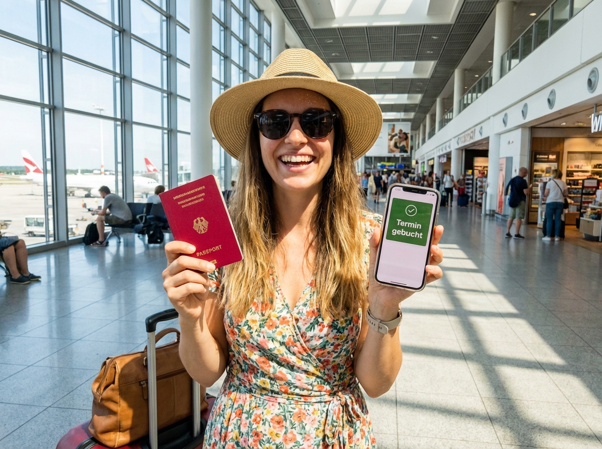 Glückliche Frau am Flughafen mit neuem Reisepass und Smartphone mit Terminli-Bestätigung