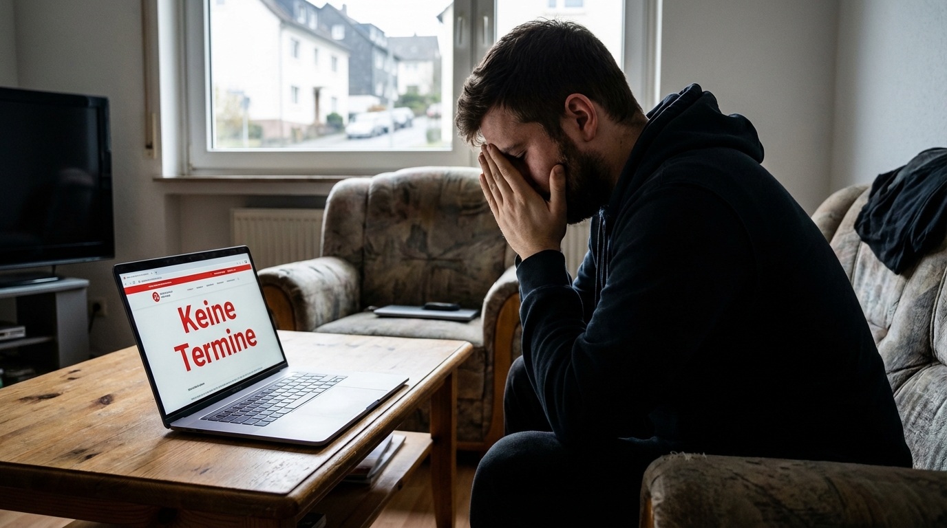 Verzweifelter Mann in Remscheid vor einem Laptop mit der Meldung Keine Termine bei der Ausländerbehörde.