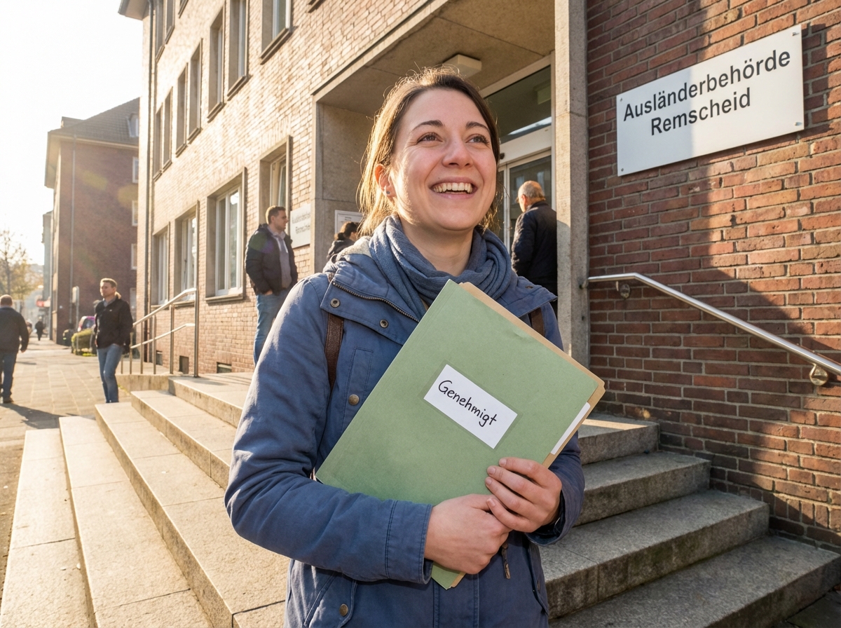 Glückliche Frau in Remscheid hält erleichtert ihre genehmigten Dokumente nach einem erfolgreichen Termin bei der Ausländerbehörde in den Händen.