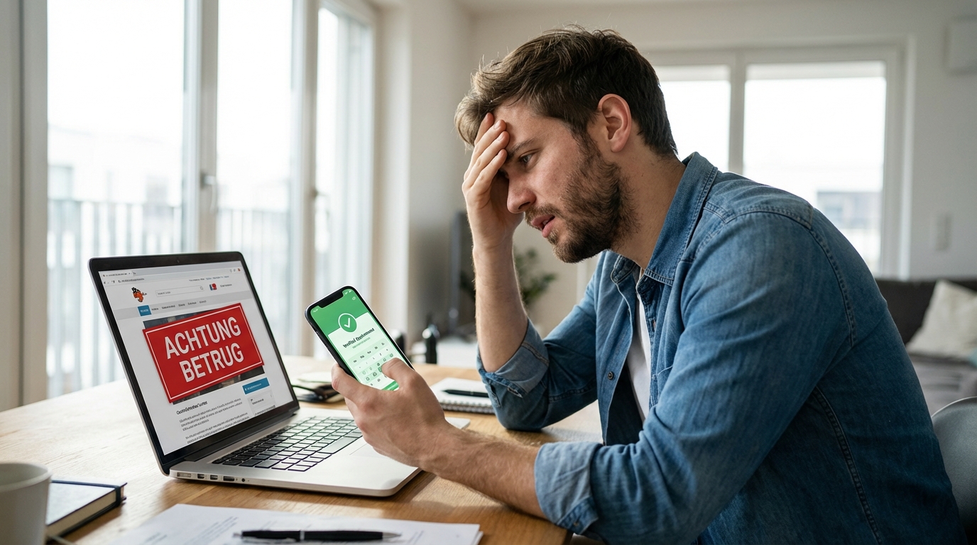 Warnschild vor illegalen Termin-Bots beim Bürgeramt und ein Smartphone mit der sicheren Terminli-App