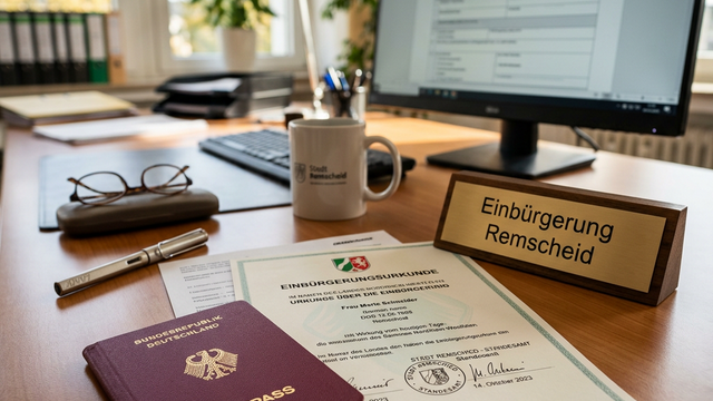 Deutscher Pass und Dokumente auf einem Schreibtisch - Einbürgerung Remscheid