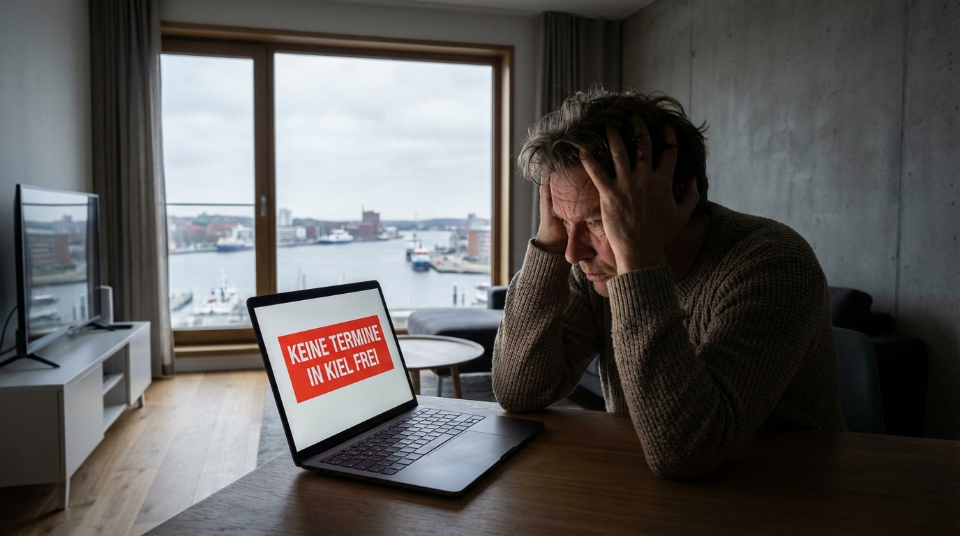Verzweifelter Mann in Kiel blickt auf Laptop mit der Meldung Keine Termine in Kiel frei bei der Führerscheinstelle.