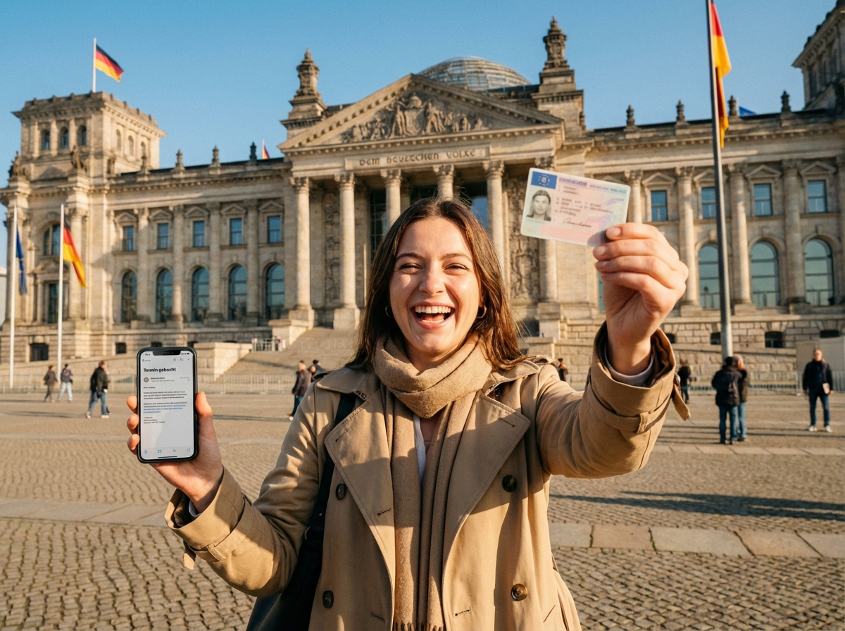 Glückliche Frau in Kiel zeigt ihren neuen Führerschein nach erfolgreicher Terminbuchung über Terminli.