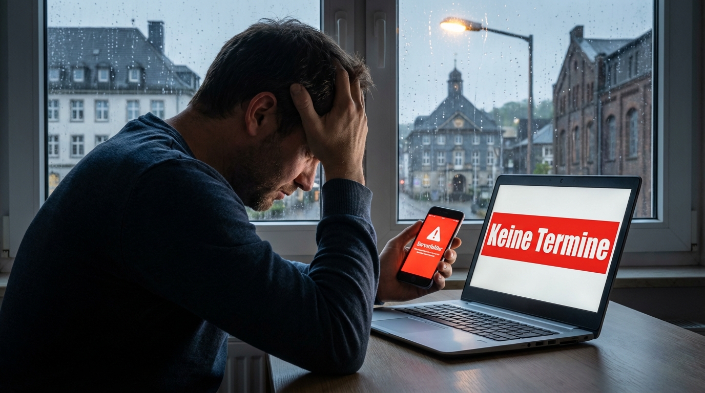 Frustrierter Mann in Remscheid findet keinen Termin bei der Führerscheinstelle auf seinem Smartphone.