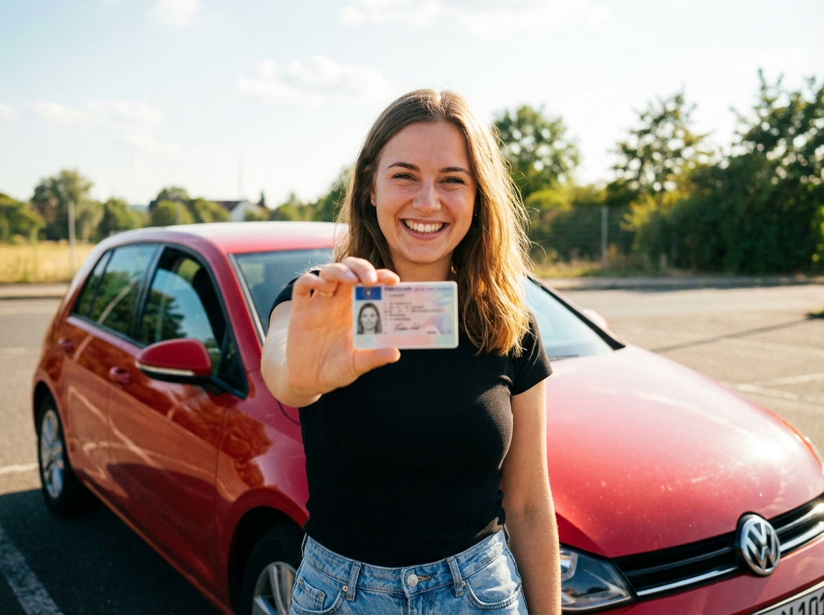 Glückliche Frau in Remscheid hält ihren neuen Führerschein in die Kamera nach erfolgreichem Termin.