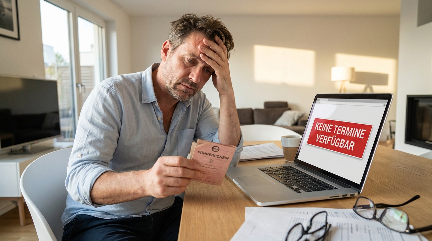Frustrierter Mann mit altem Führerschein vor Laptop mit der Meldung Keine Termine verfügbar