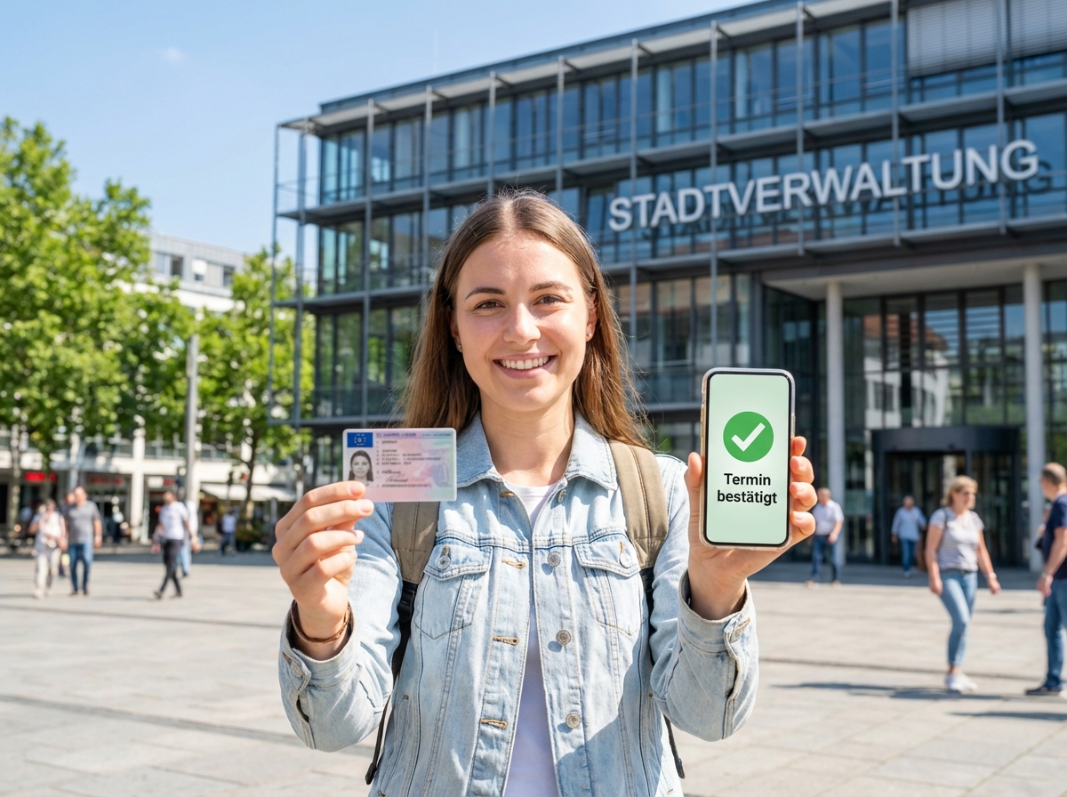 Glückliche Frau hält neuen Führerschein nach erfolgreicher Terminbuchung über Terminli in der Hand