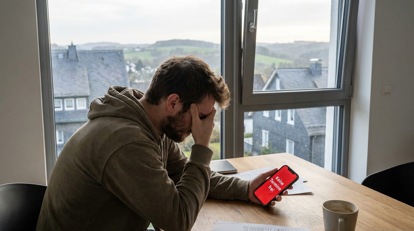 Verzweifelter Mann schaut auf sein Smartphone mit der Meldung Keine Termine frei für die Zulassungsstelle Remscheid.