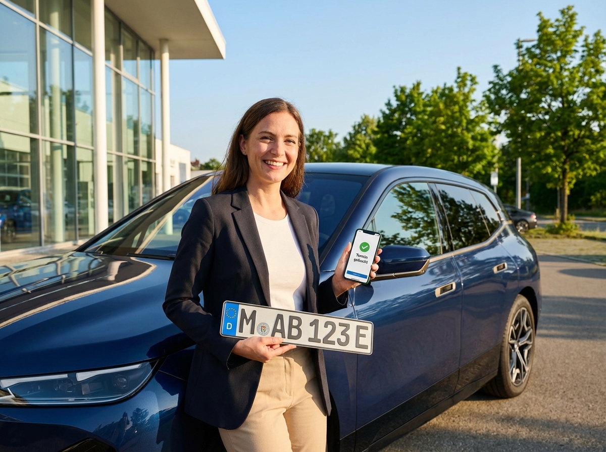 Glückliche Frau mit neuem KFZ-Kennzeichen und erfolgreicher Terminbuchung auf dem Smartphone.