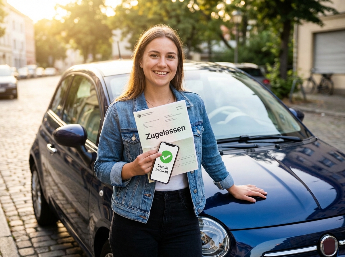 Glückliche Frau am Auto mit Fahrzeugschein und Terminbestätigung auf dem Smartphone nach erfolgreicher Buchung über Terminli.