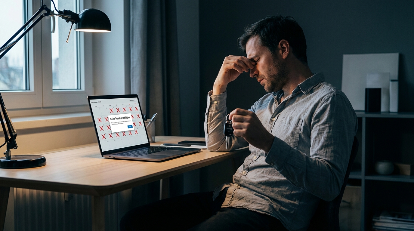 Verzweifelter Mann sitzt vor Laptop und sucht erfolglos einen Termin bei der Zulassungsstelle für sein neues Auto.