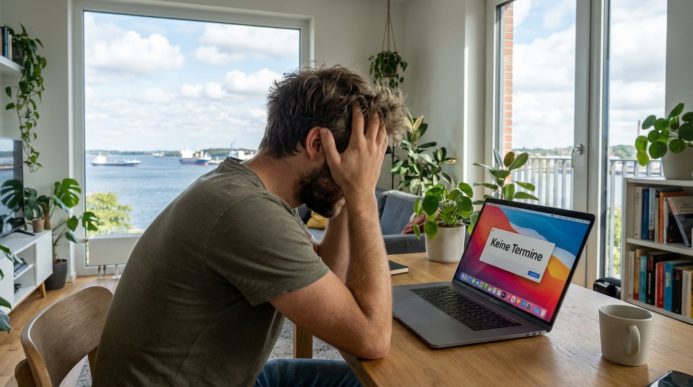 Frustrierter Mann in Kiel vor dem Laptop mit der Meldung Keine Termine bei der Ausländerbehörde