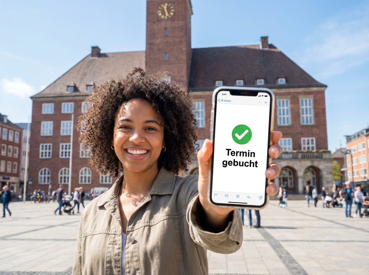 Glückliche Frau in Kiel zeigt erfolgreich gebuchten Termin für Zuwanderungsangelegenheiten auf ihrem Smartphone