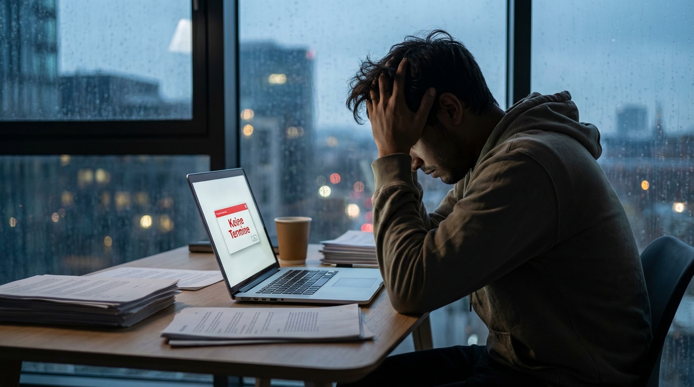 Verzweifelter Mann sitzt vor Laptop mit der Fehlermeldung Keine Termine bei der Ausländerbehörde