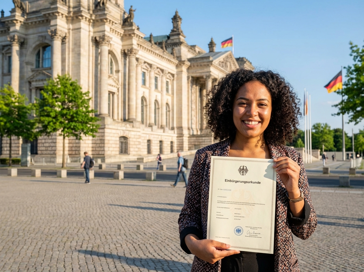 Glückliche Frau hält lächelnd ihre Einbürgerungsurkunde vor einem deutschen Amt in die Kamera