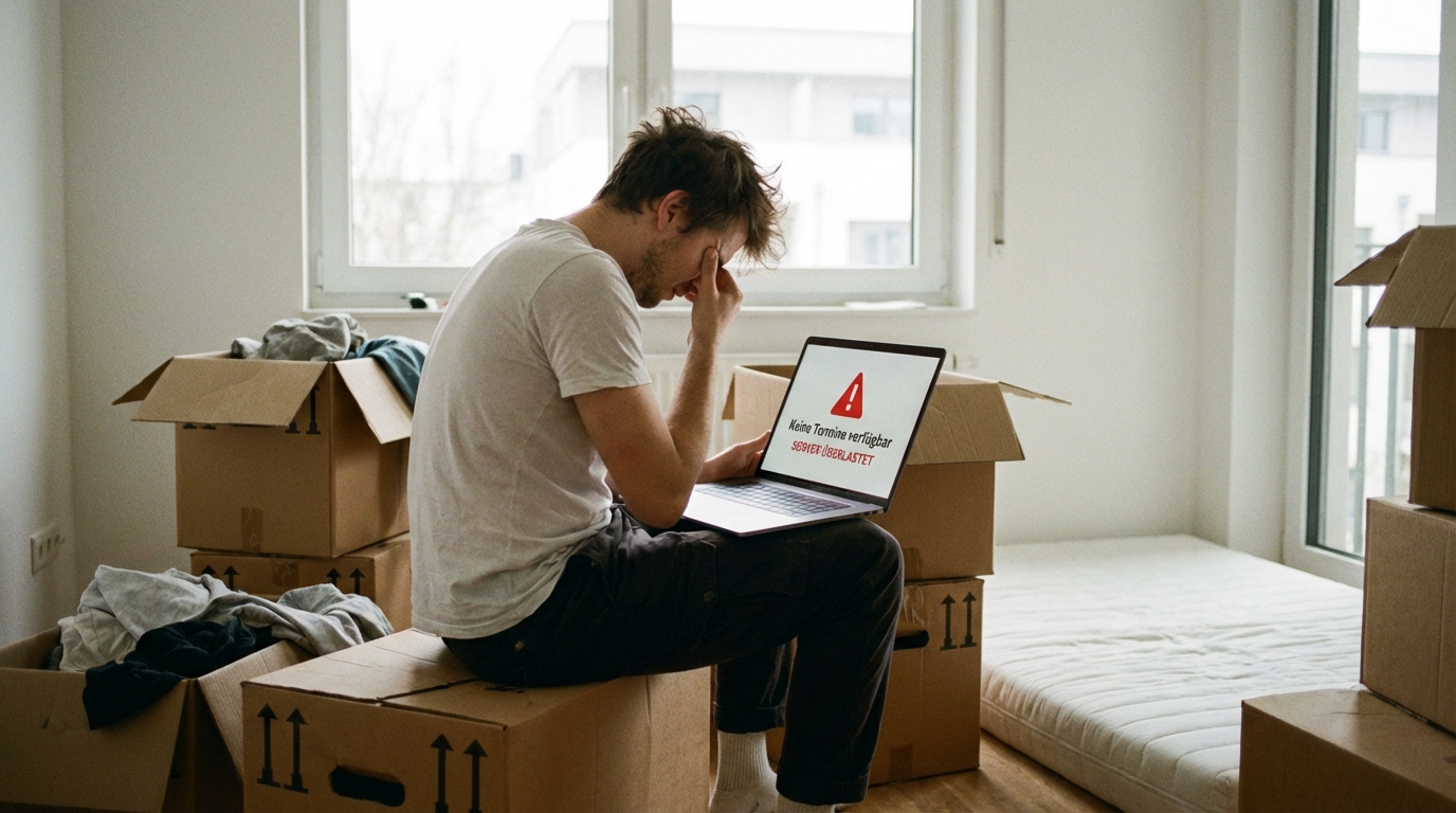 Gestresster Mann sitzt auf Umzugskartons und sieht auf seinem Laptop die Meldung Keine Termine verfügbar beim Bürgeramt.