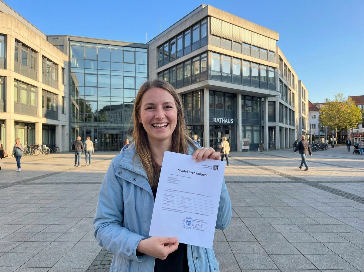 Glückliche Frau hält ihre neue Meldebescheinigung nach erfolgreichem Termin beim Bürgerbüro lächelnd in der Hand.