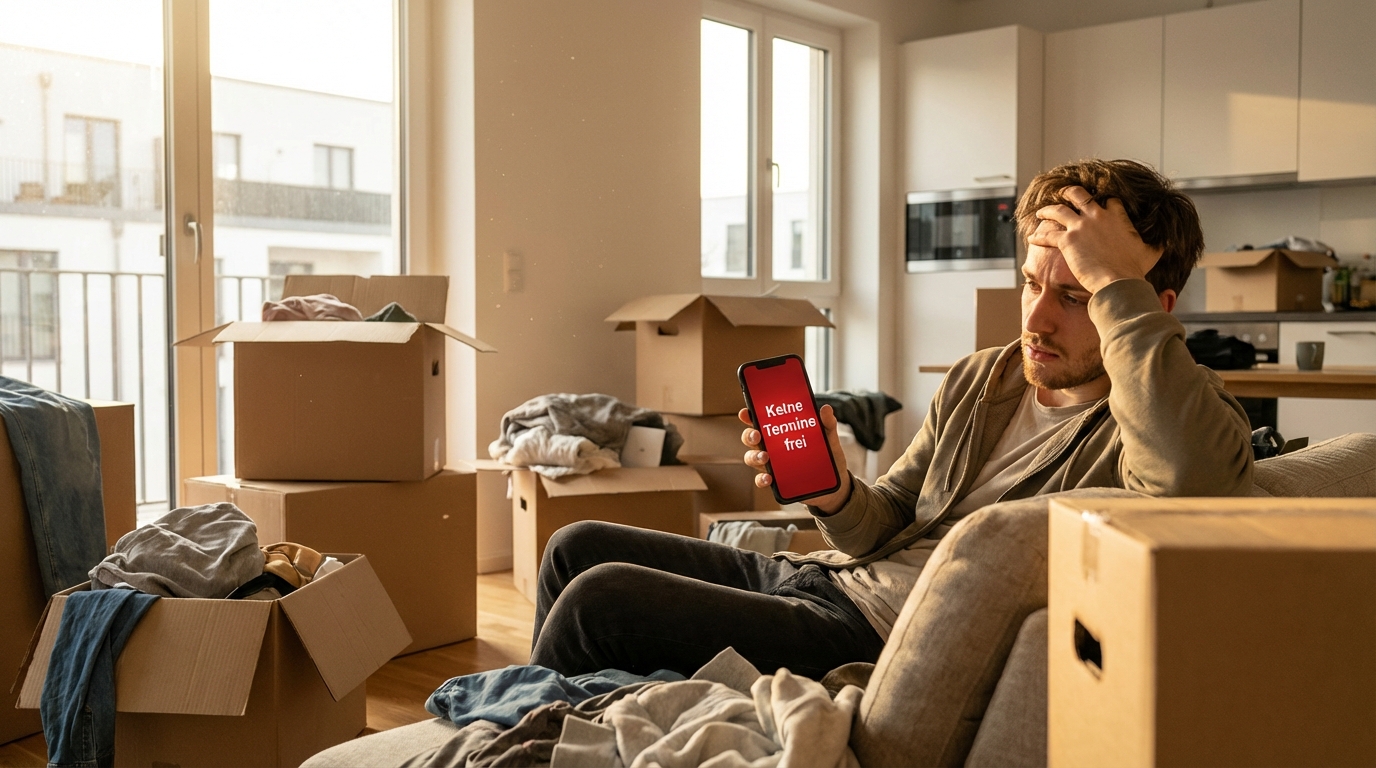 Gestresster Mann sitzt zwischen Umzugskartons und blickt verzweifelt auf sein Smartphone mit der Meldung Keine Termine frei