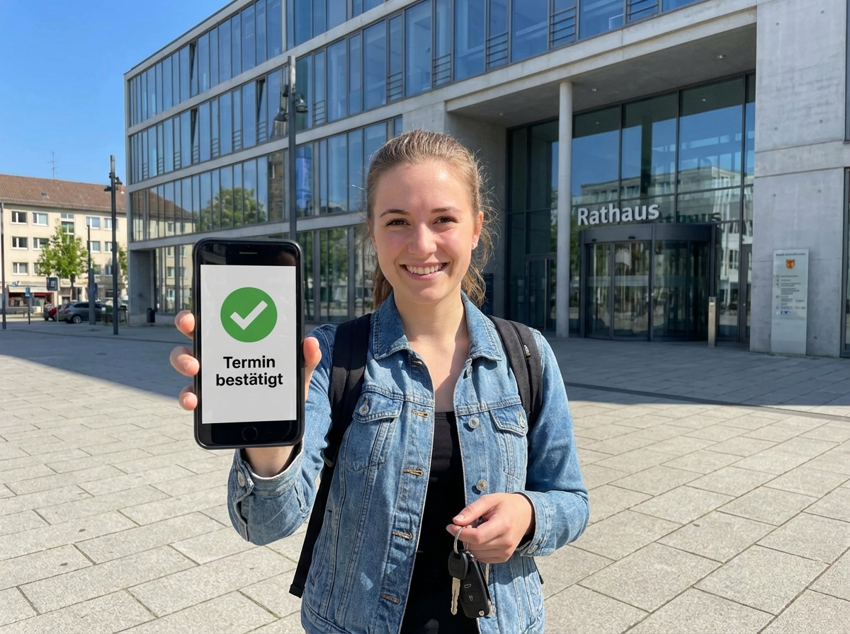 Glückliche Frau steht vor einem Rathaus und zeigt freudig die Terminbestätigung für ihre KFZ-Ummeldung auf ihrem Smartphone